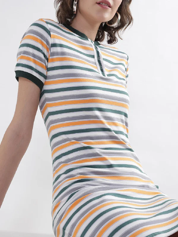 Elle Women Multi Striped Round Neck Dress