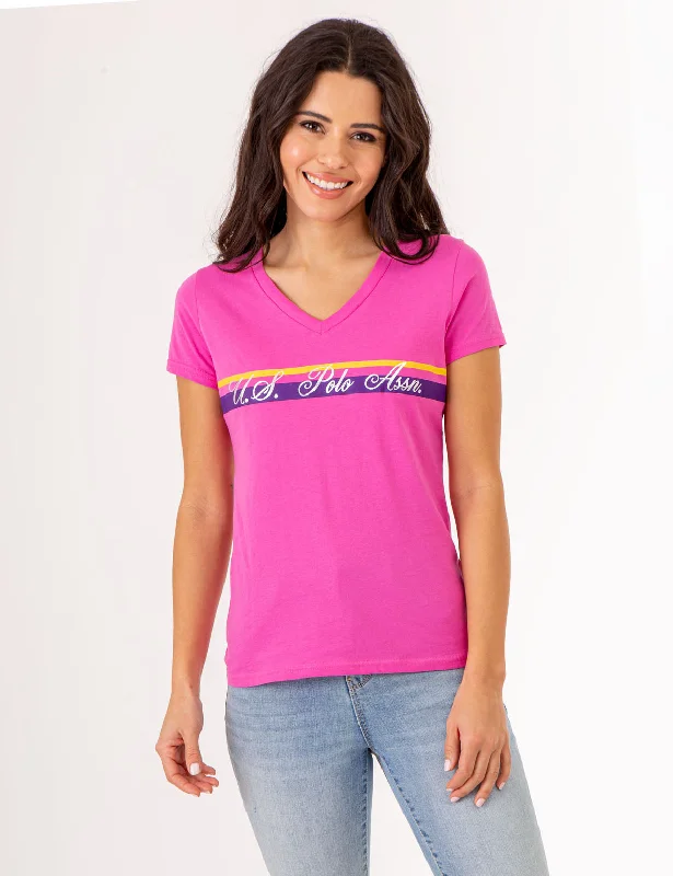 V-NECK STRIPE FOIL GRAPHIC T-SHIRT