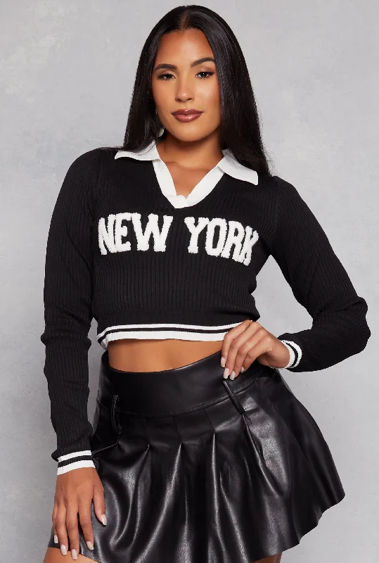 Ribbed New York Chenille Graphic Cropped Sweater