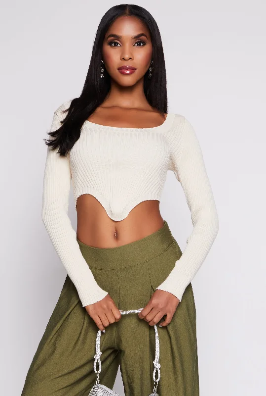 Ribbed Scoop Neck Hanky Hem Sweater