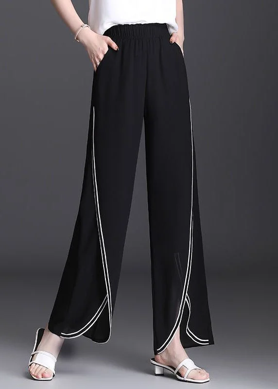 French Black Pockets Side Open Chiffon Pants Summer