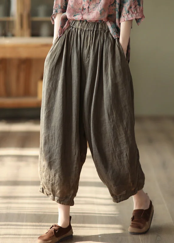 Loose Coffee Wrinkled Elastic Waist Linen Crop Pants Summer