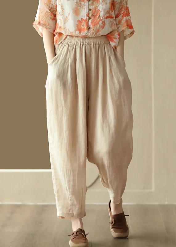 New Light Khaki Solid Pockets High Waist Linen Harem Pants Summer