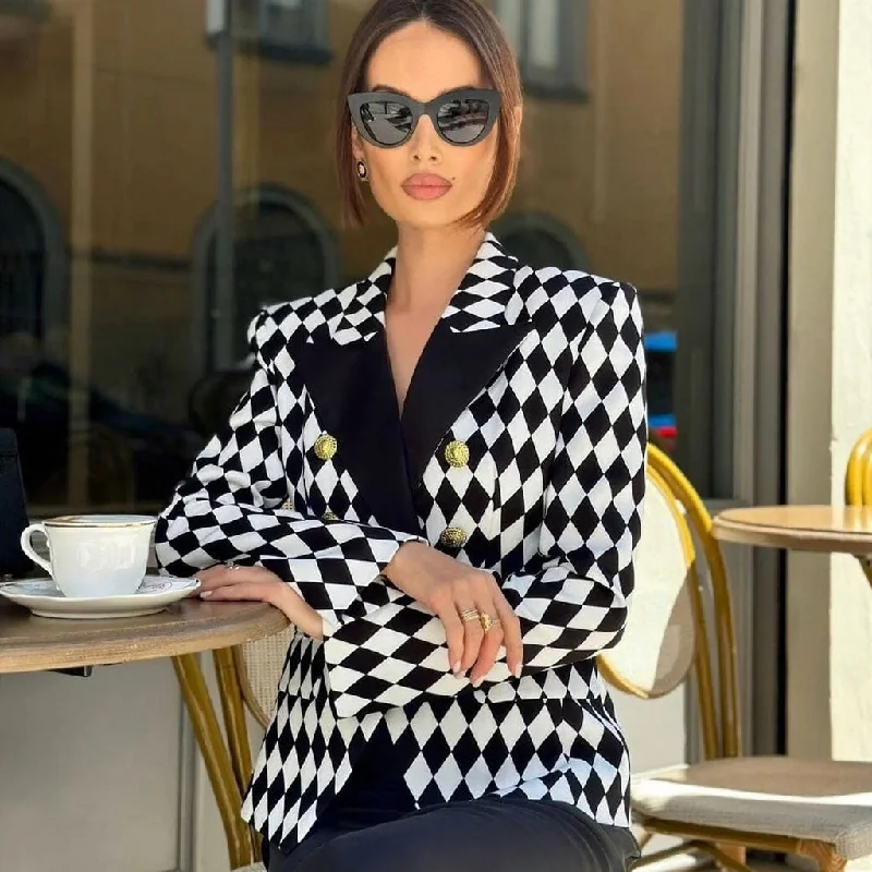 Monochrome Contrast Argyle Print Double Breasted Cinched Waist Blazer