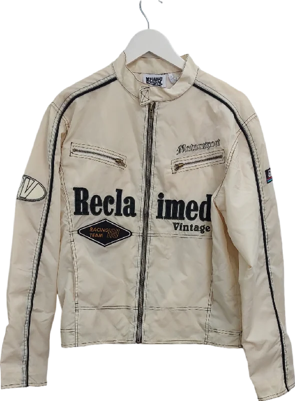 Reclaimed Vintage Beige Unisex Fitted Motor Jacket With Logo Badges UK S