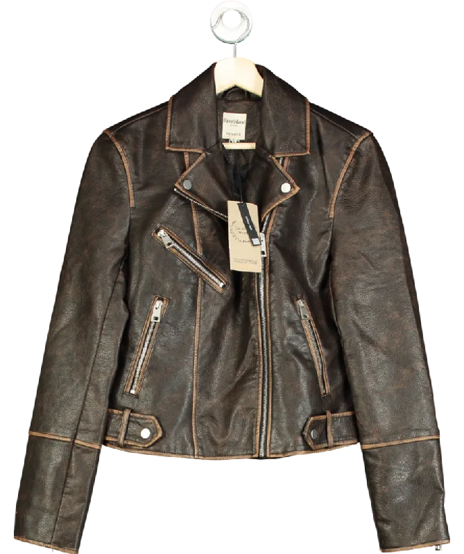 River Island Brown Faux Leather Distressed Biker Jacket UK 8