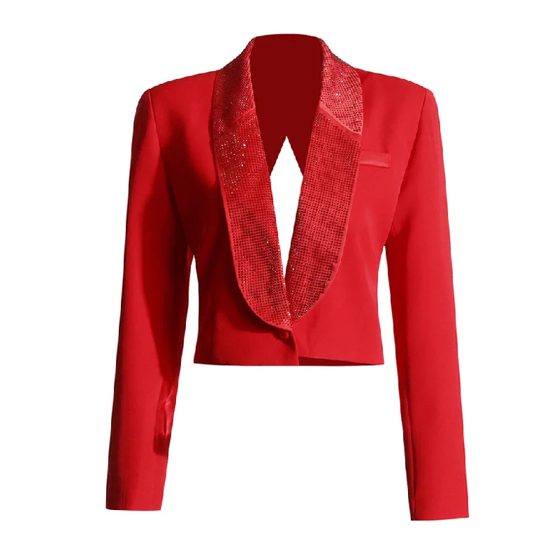 Sparkly Crystal Shawl Collar Cutout Back One Button Cropped Tailored Blazer