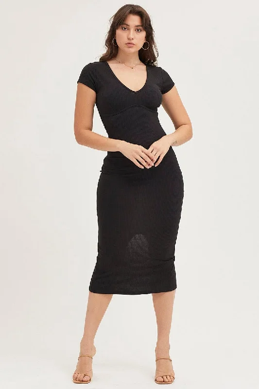 Black Jersey Dress Short Sleeve Midi Ribbed