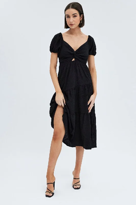 Black Midi Dress Short Sleeve Cut Out