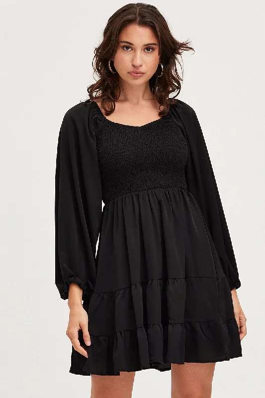 Black Shirred Dress Long Sleeve Mini