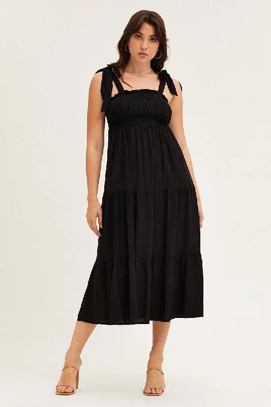 Black Tied Shoulder Tiered Midi Dress