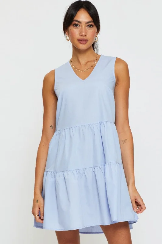 Blue A Line Dress Mini V Neck