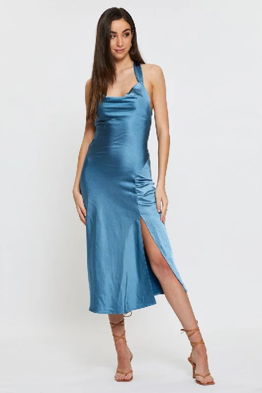 Blue Slip Dress Midi Satin