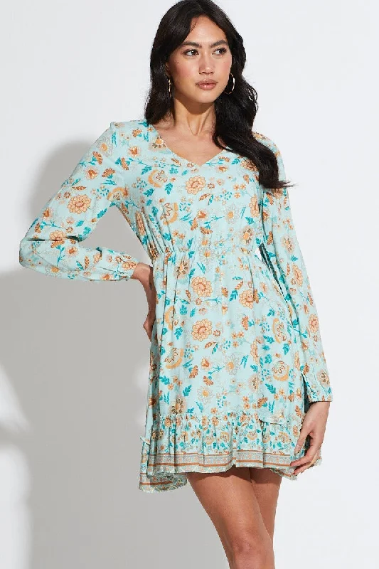 Boho Print Mini Dress Long Sleeve V Neck