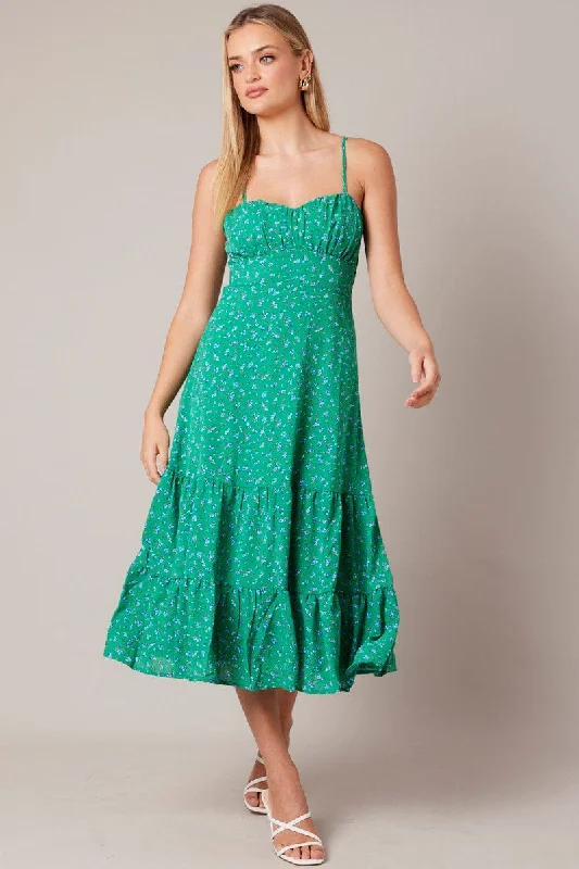 Green Floral Midi Dress Strappy