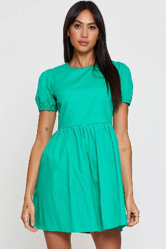 Green Mini Dress Short Sleeve Round Neck