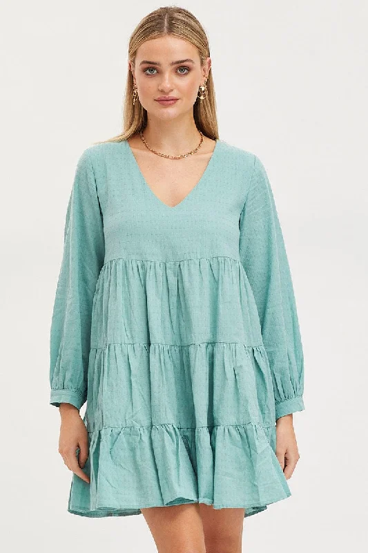 Green Smock Dress Long Sleeve Mini