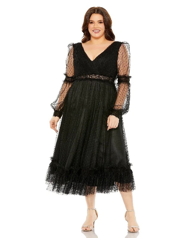 Mac Duggal 68567 Plus Size Long Sleeve Formal Midi Dress