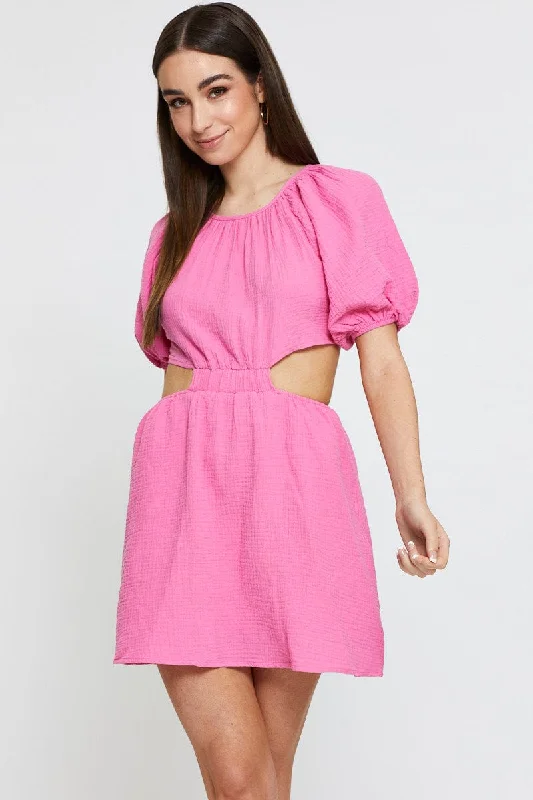 Pink Mini Dress Short Sleeve Round Neck