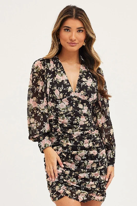 Print Dress Long Sleeve Mini Ruched