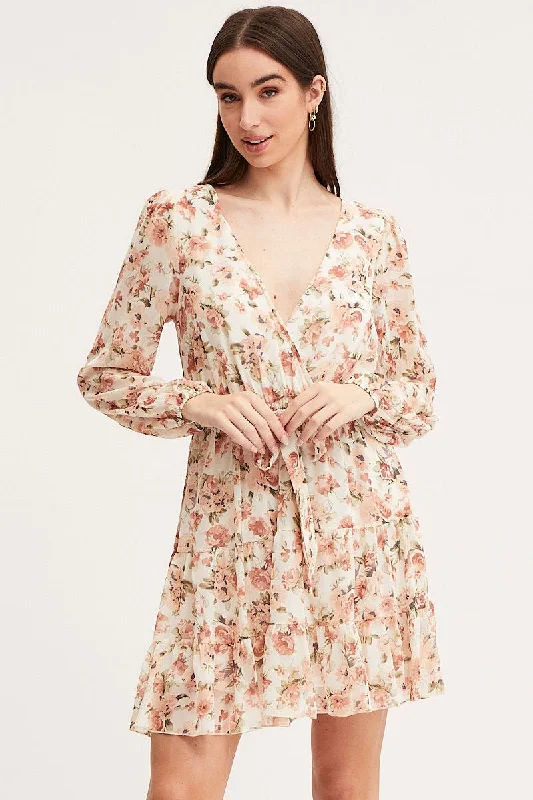 Print Mini Dress Long Sleeve V Neck