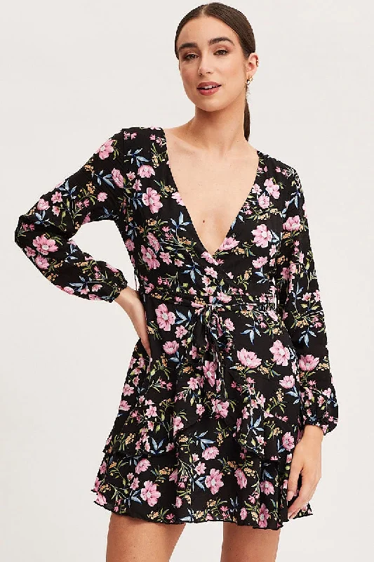 Print Skater Dress Long Sleeve Mini