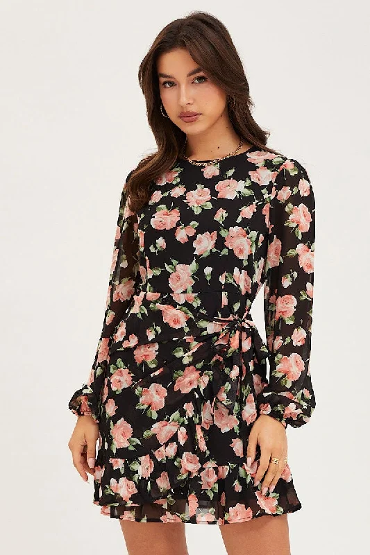 Print Wrap Dress Long Sleeve Mini Ruffle