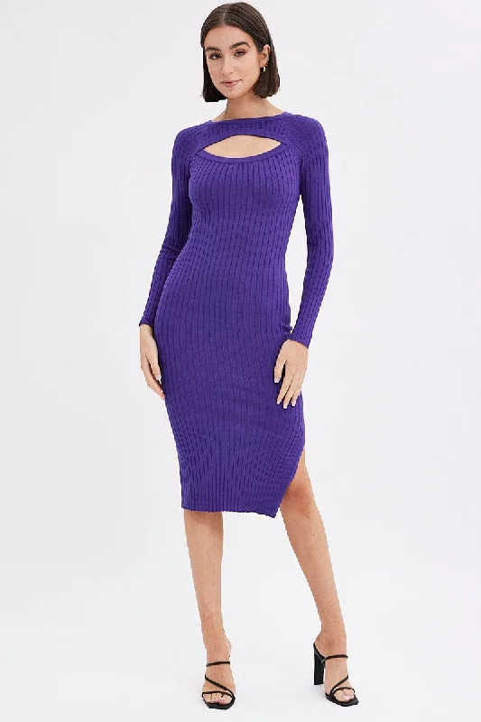 Purple Midi Dress Long Sleeve Round Neck Keyhole Rib Knit