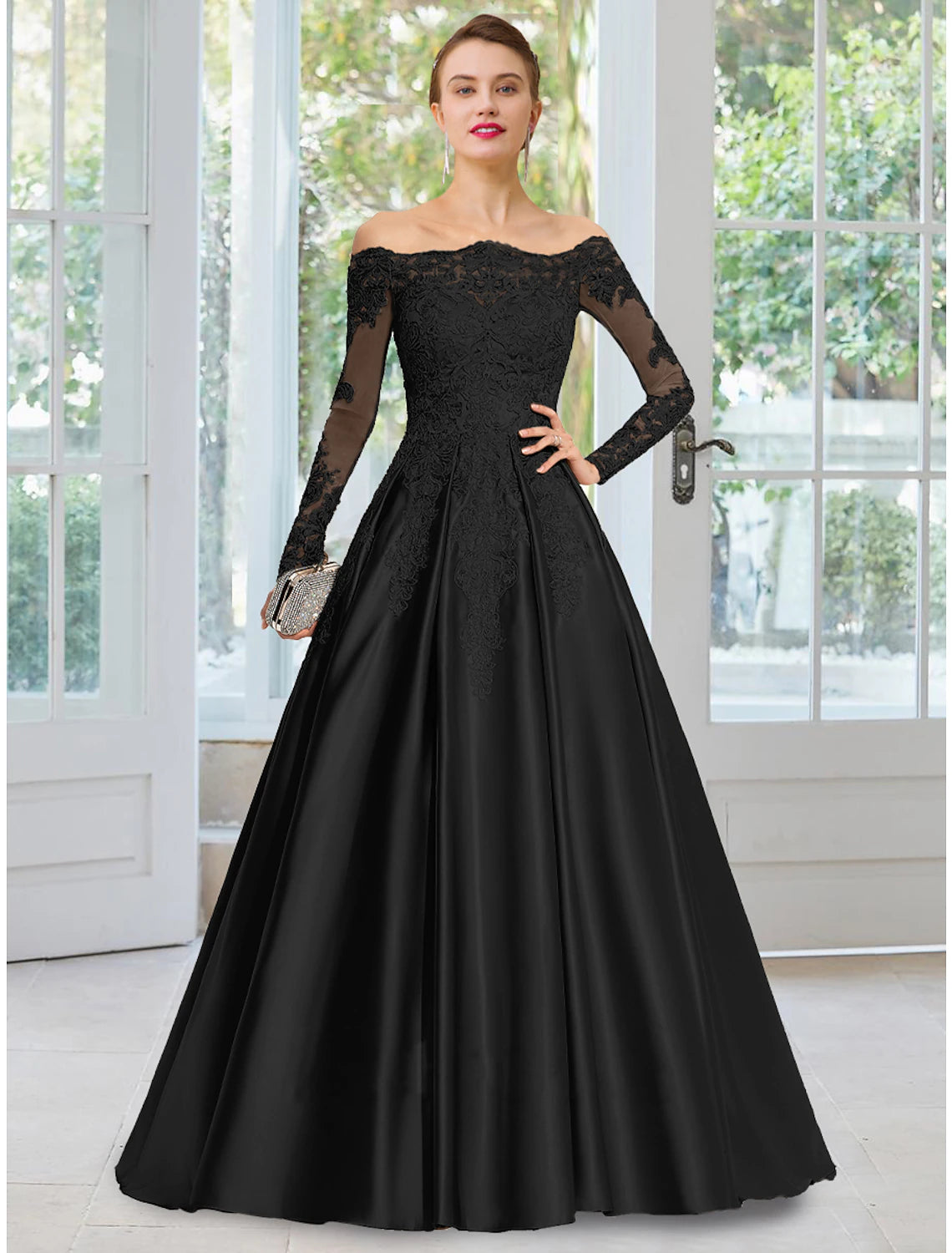 A-Line Evening Gown Floral Dress Formal Black Tie Court Train Long Sleeve Off Shoulder Lace with Appliques