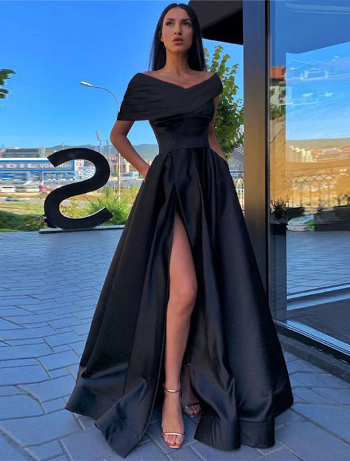 A-Line Prom Dresses Little Black Dress Dress Formal Wedding Party Floor Length Short Sleeve Off Shoulder Satin with Ruched Slit