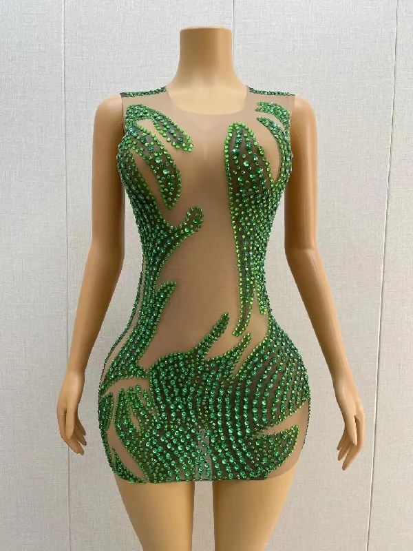 Green Rhinestones Sexy Nude Transparent DressBirthday Celebrate See Through Outfit EveningWomen's Performance Costume lvyi C191