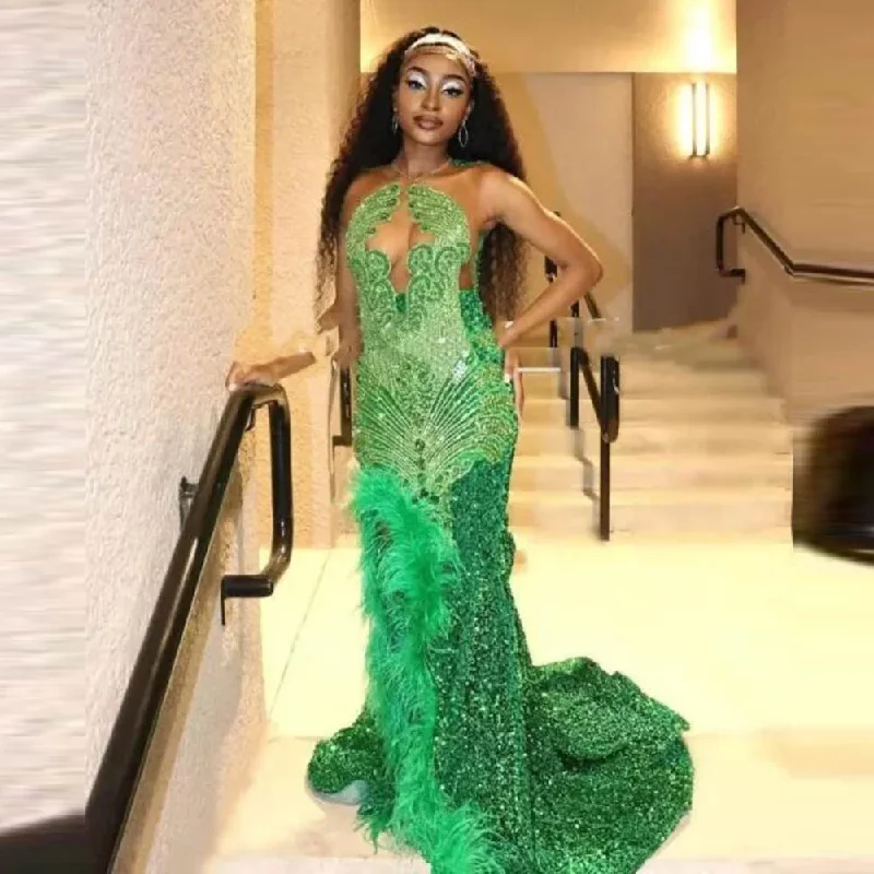 Green Sequined Mermaid Prom Dresses Illusion Neckline Appliques Plus Size Feathers Evening Dress For Black Girls Aso Ebi Gowns