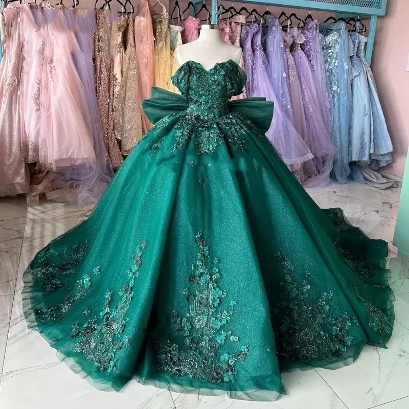 Green Shiny Off Shoulder Quinceanera Dress Prom Dress Floral Applique Lace Beads Bow Princess Dress Sweet 15Year Old Party Dress