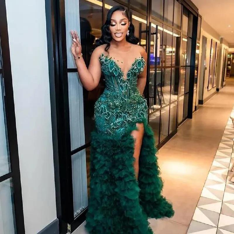 Hunter Green Slit Prom Dresses With Sheer Neck Major Beads Tiered Bottom Luxury Mermaid Evening Gowns Aso Ebi Party Dress