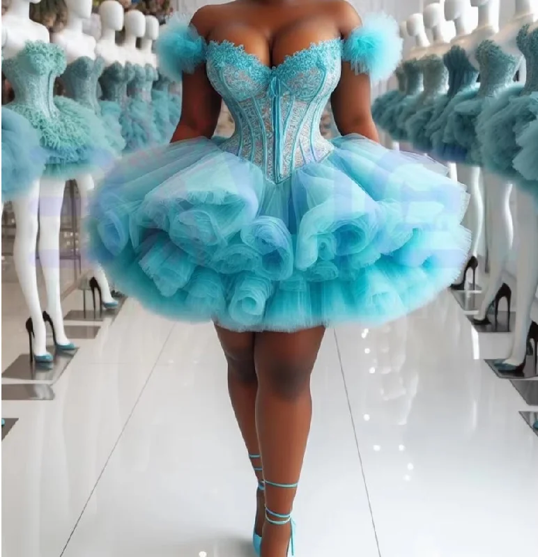 Ice Blue Lace Ball Gown Tulle African Prom Dress 2024 Aso Ebi Black Girl Luxury Cute Wedding Dress Birthday Party Formal Gown