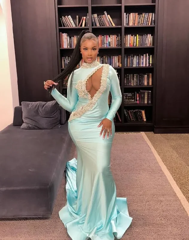 Ice Blue Mermaid Prom Birthday Dresses for Black Girl Long Sleeve Sparkly Crystal Beaded Sexy Hole Evening Birthday Gala Gown