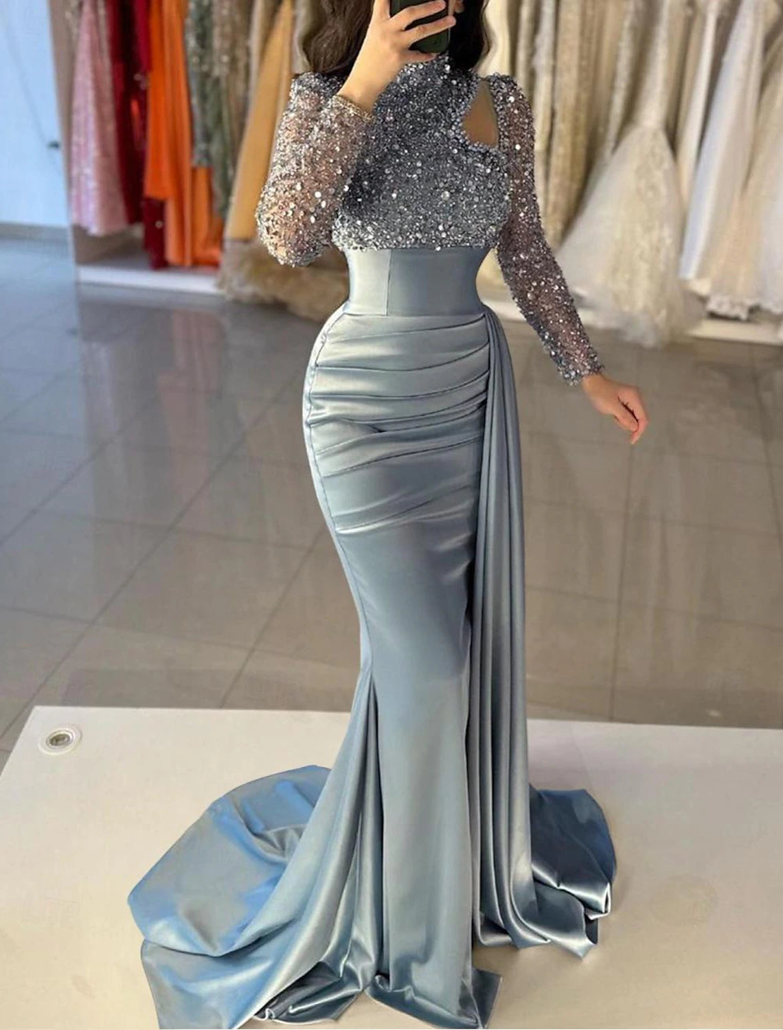 Mermaid Gown Elegant  Formal Train Long Sleeve High Neck Satin with Pearls Sequin Evening Dress