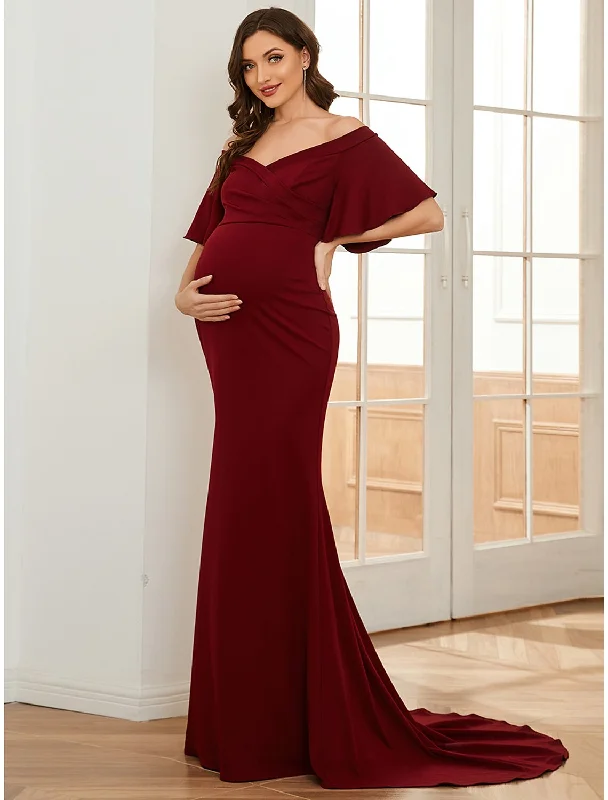 Mermaid / Trumpet Maternity Dresses Maternity Dress Formal Wedding Party Court Train Short Sleeve Off Shoulder Stretch Fabric with Ruched Pure Color