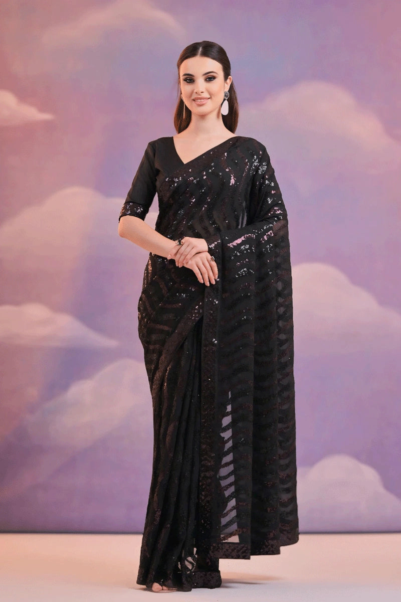 New Arrival Soft Georgette Black Saree Party Wear