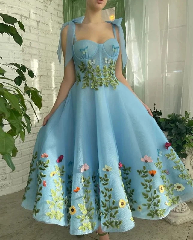 Prom Gown Spaghetti Strap A-line Tea-Length Evening Dresses 2024 Exquisite Applique Birthday Party Dresses