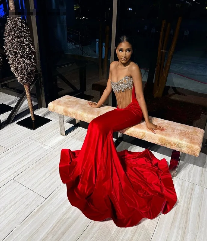 Red Velvet Sliver Beaded Strapless Prom Dresses 2024 Luxury Gowns Mermaid Dress For Party Wedding Evening Sexy Formal Gowns