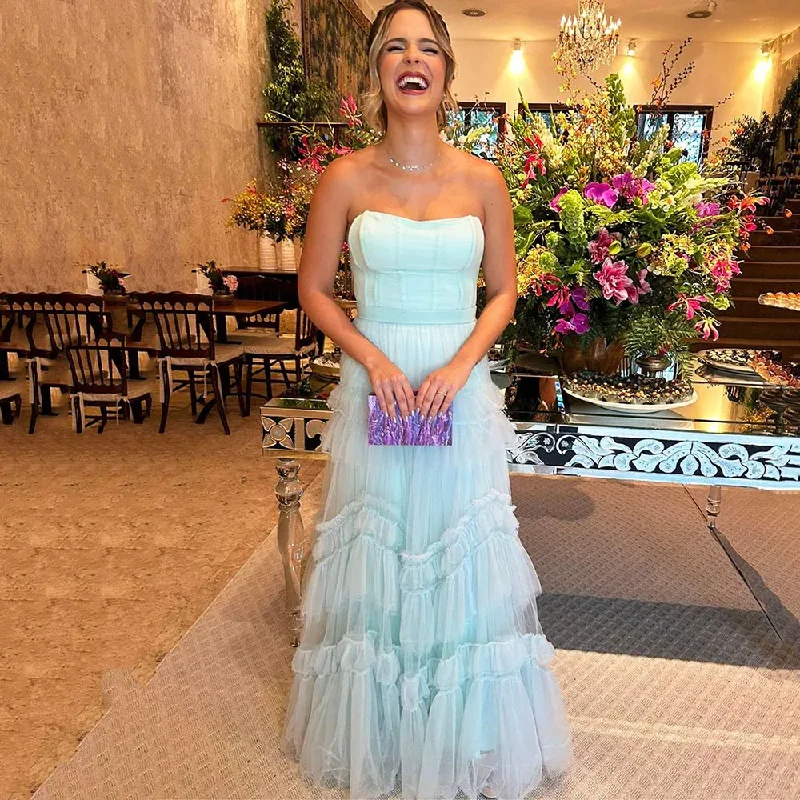 Sky Blue Long Evening Dresses For Wedding Party A Line Night Banquet Gowns Tiered Formal Occasion Dress Robe de soirée