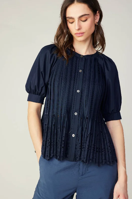 Pleated Eyelet Blouse