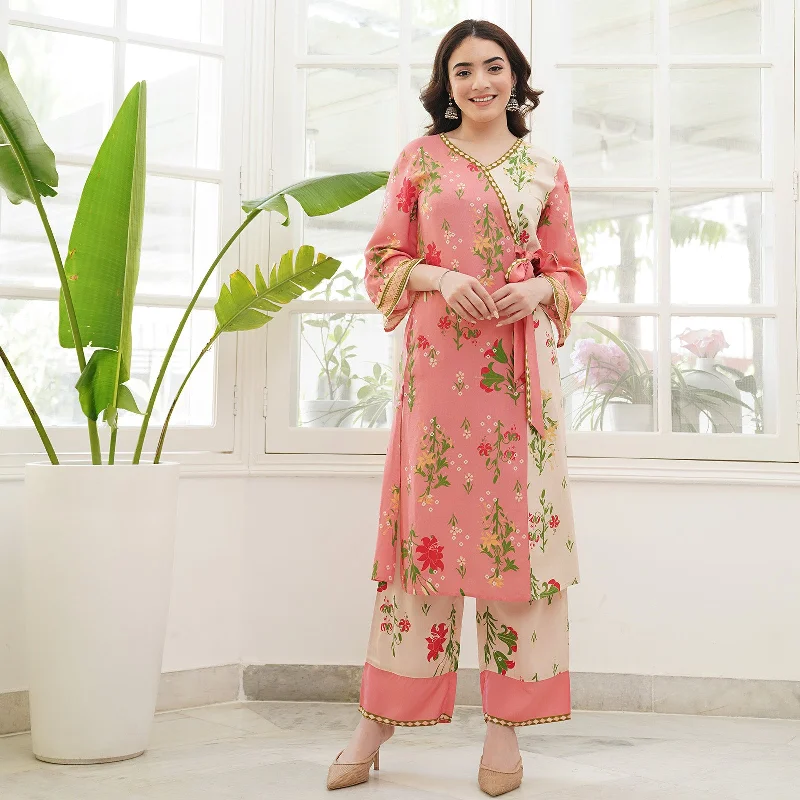 Baby Pink & Cream Floral Printed Kurta Pant Set with Knot Details