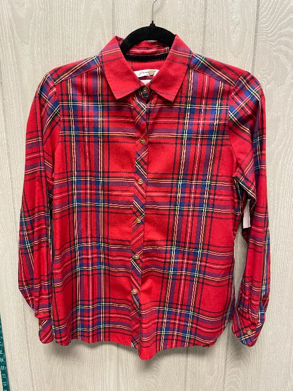 Blouse Long Sleeve By Foxcroft In Plaid Pattern, Size: S