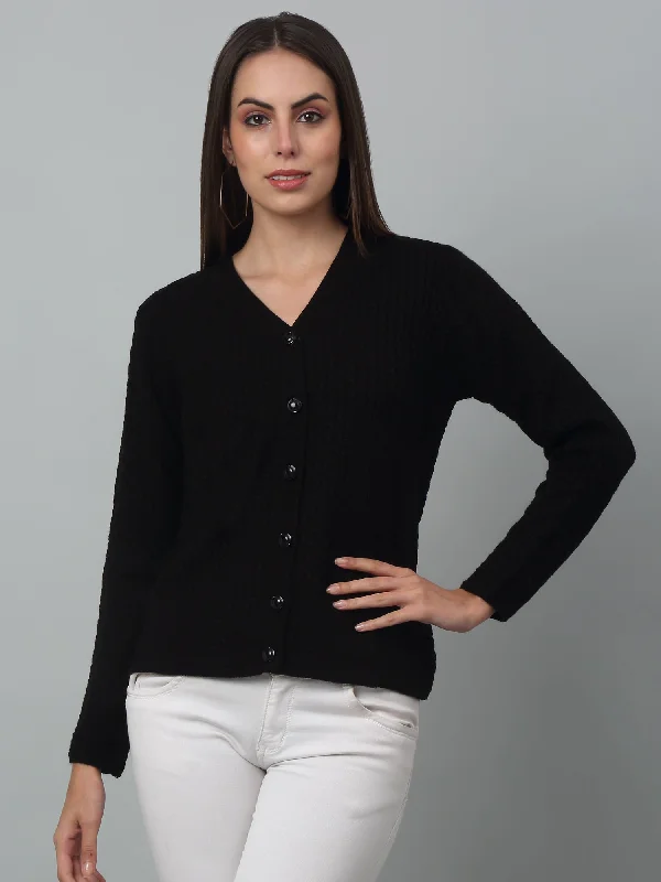 Women's Casual  Black V neck Cardigan Sweater