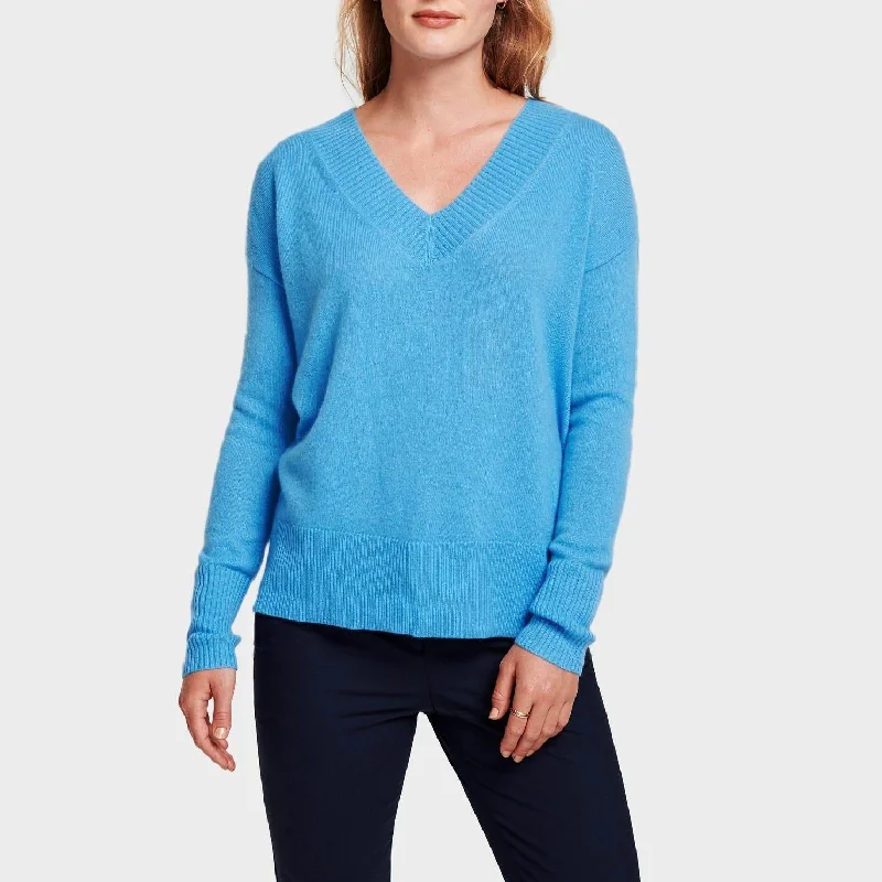 Cashmere Wide Rib V-Neck (Blue Agate)