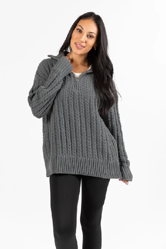 Forever Yours Charcoal Cable Knit Chenille Quarter Zip Sweater