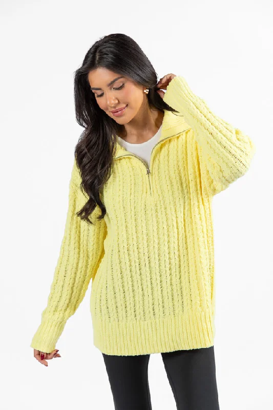 Forever Yours Yellow Cable Knit Chenille Quarter Zip Sweater