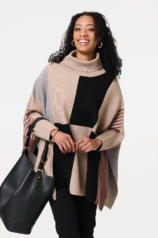 Colour Block Roll Neck Knitted Poncho